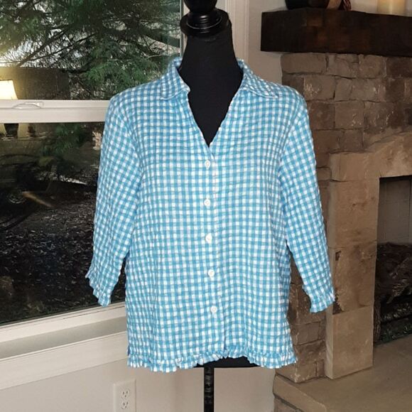 Baxter & Wells Size Large Blue and White Checkered Button Down Top - Picture 1 of 8